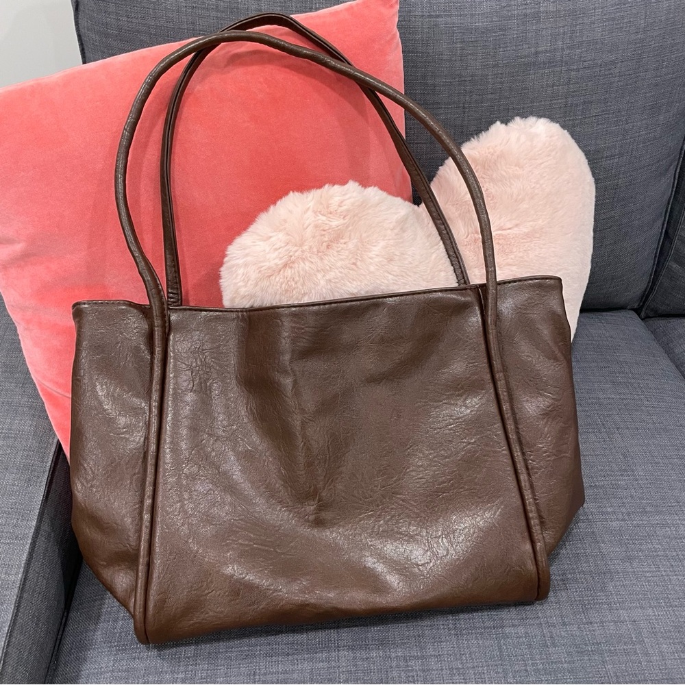 NWOT Brown Faux Leather Tote Bag with Snap Closure and Interior Zipped Pocket